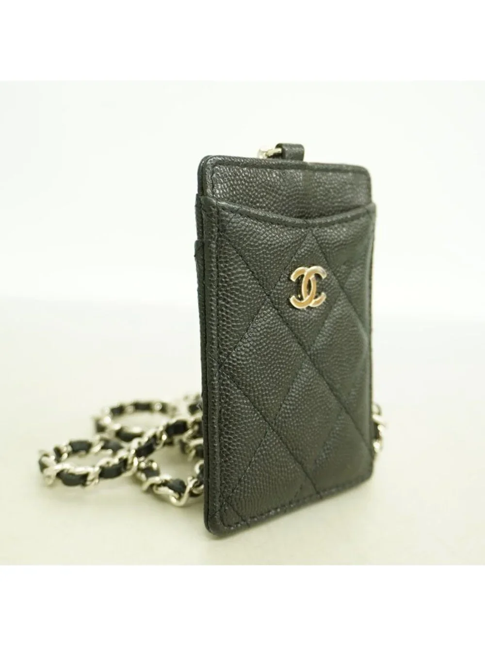 Chanel Card Case Quilted Caviar Leather Black Silver